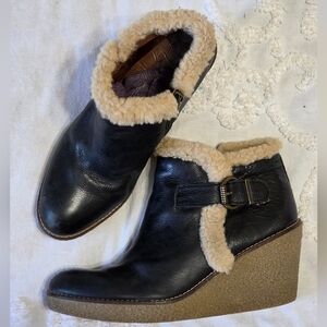Sam Edelman Black Leather Wedge Zip Up Ankle Bootie Faux Cozy Sherpa Sz 9